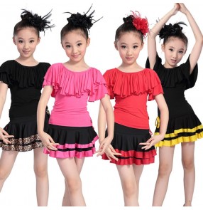 Red fuchsia yellow red hot pink leopard spandex patchwork ruffles neck girls kids children stage performance latin samba rumba dance dresses outfits costumes